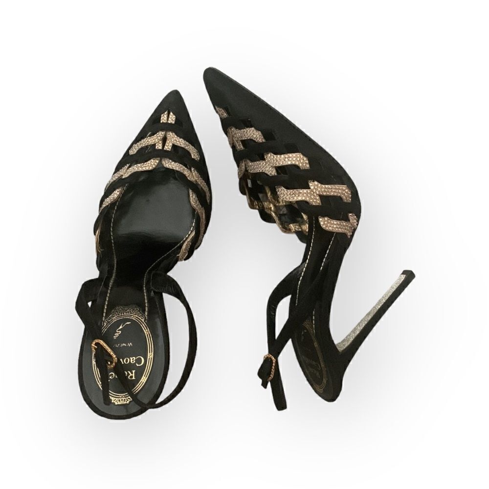 Rene Caovilla Black Suede Silver Gild Swarovski Crystal Heels, Like New